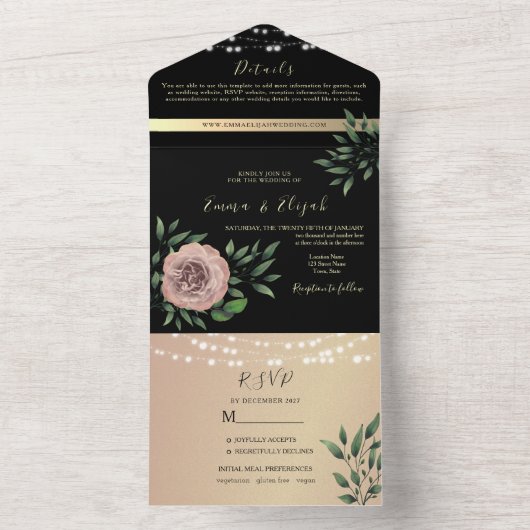 Rustieke zwarte en roze bloemenbruiloft all in one uitnodiging (Binnen)