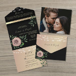 Rustieke zwarte en roze bloemenbruiloft all in one uitnodiging<br><div class="desc">Geniet van de allure van de romance met onze mooie zwarte en roze bloemenbruiloft. Tegen een achtergrond van strak zwart en glinsterend goudkleurig roos, verstrengelen delicate pioenen zich met grillige rustieke strijklichten, waardoor een sfeer van betovering ontstaat. Compleet met een aangepast afbeelding van het paar op de rug, naast huwelijksdetails...</div>