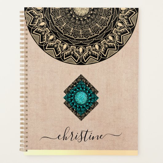 Rustieke zwarte gouden mandala beige jute naam planner (Voorkant)