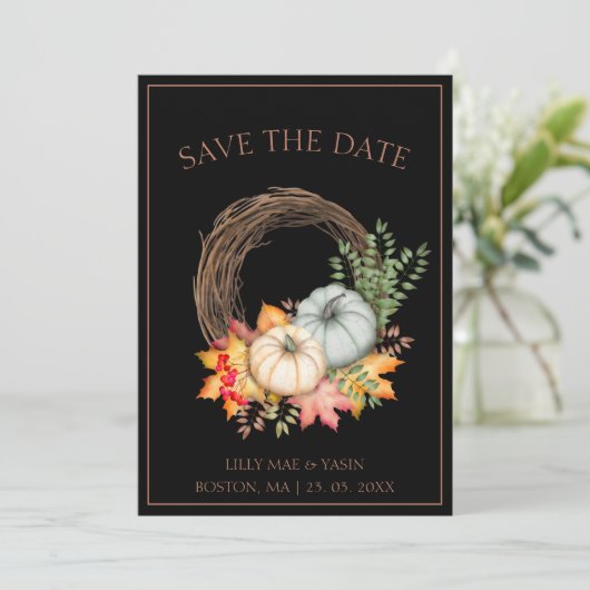 Rustieke zwarte herfst Herfst pompoenen bruiloft Save The Date (Staand voorkant)