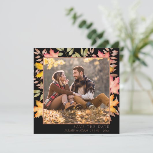 Rustieke zwarte Herfst herfstbladeren foto bruilof Save The Date (Staand voorkant)