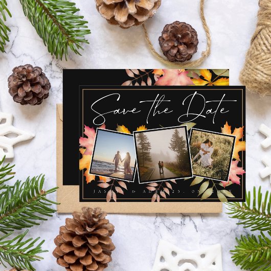 Rustieke zwarte herfst laat drie foto bruiloft save the date