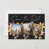 Rustieke zwarte herfst laat drie foto bruiloft save the date (Voorkant)