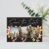 Rustieke zwarte herfst laat drie foto bruiloft save the date (Staand voorkant)