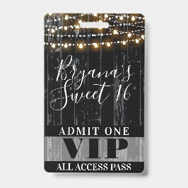 Rustieke Zwarte Houten Slingerlichten Sweet 16 VIP Badge