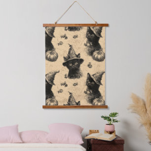 Rustieke  Zwarte Kattenheks Halloween Patroon Hangend Wandkleed