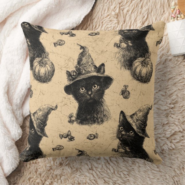 Rustieke  Zwarte Kattenheks Halloween Patroon Kussen (Deken)