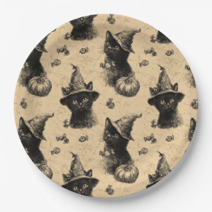 Rustieke  Zwarte Kattenheks Halloween Patroon Papieren Bordje