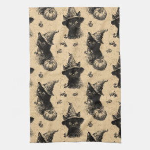 Rustieke Zwarte Kattenheks Halloween Patroon Theedoek