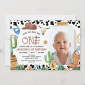 Rustieke Zwarte Koe Print Cowboy Rodeo 1e Verjaard Kaart (Voorkant)