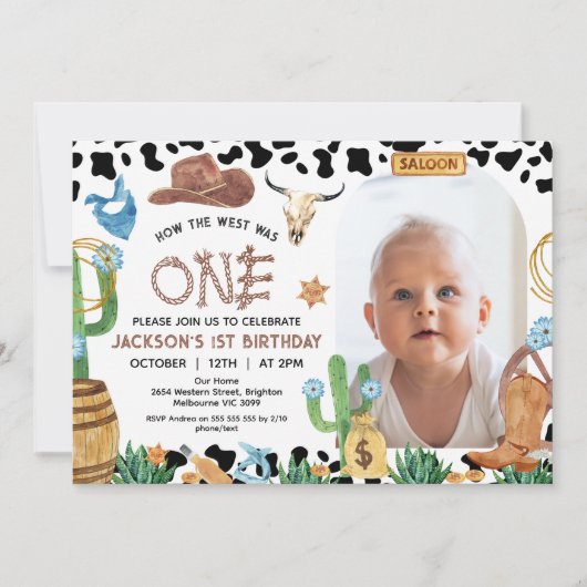 Rustieke Zwarte Koe Print Cowboy Rodeo 1e Verjaard Kaart (Voorkant)