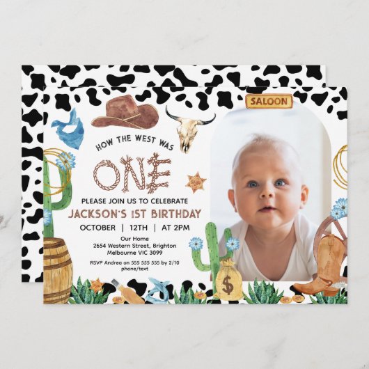 Rustieke Zwarte Koe Print Cowboy Rodeo 1e Verjaard Kaart (Voorkant / Achterkant)
