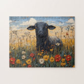Rustieke Zwarte Lam met Wildflowers Art Legpuzzel (Horizontaal)