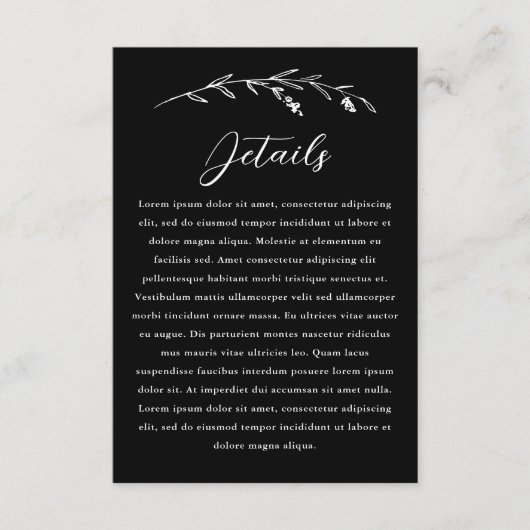 Rustieke zwarte Wildflower bruiloft details Informatiekaartje (Voorkant)