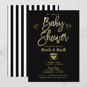 Rustieke Zwarte Witte Strepen & Gouden Baby Shower Kaart
