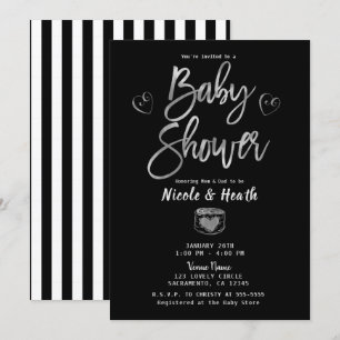 Rustieke Zwarte Witte Strepen & Zilver Baby Shower Kaart