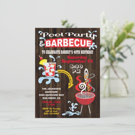 Rustieke zwembad- en BBQ-feestuitnodigingen Kaart (Staand voorkant)