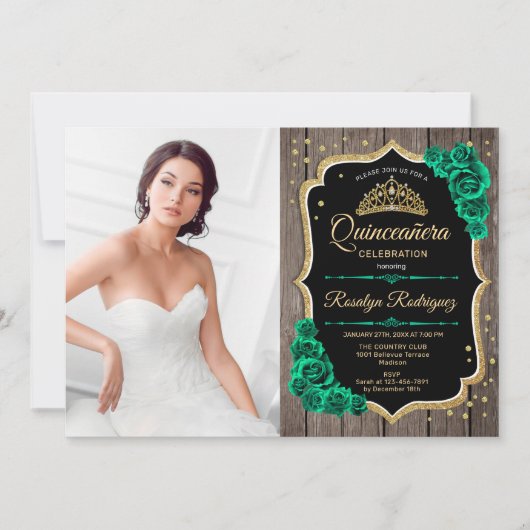 RustiekeSmaragd Groene Foto Quinceanera Kaart (Voorkant)