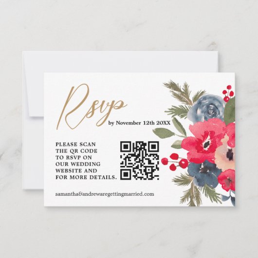 RustiekeWinter Bloemen Waterverf Bruiloft RSVP QR (Voorkant)