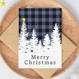 Rustig Blauw Buffalo Plaid Bos Kerstmis Kaart