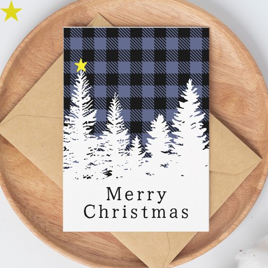 Rustig Blauw Buffalo Plaid Bos Kerstmis Kaart