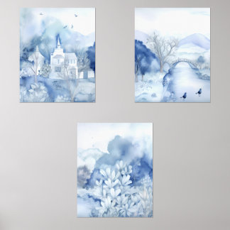 Rustig blauw dorp – Boho Landschap Muurkunst Sets