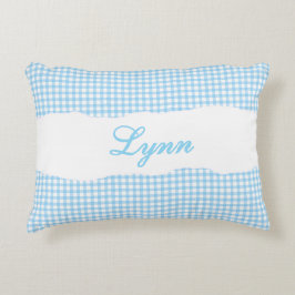 Rustig Blauw Gingham Persoonlijke Naam Accent Kussen