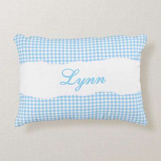 Rustig Blauw Gingham Persoonlijke Naam Accent Kussen (Voorkant)