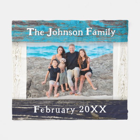 Rustig Blauw Houten Frame Familie Naam Fleece Deken (Voorkant (Horizontaal))