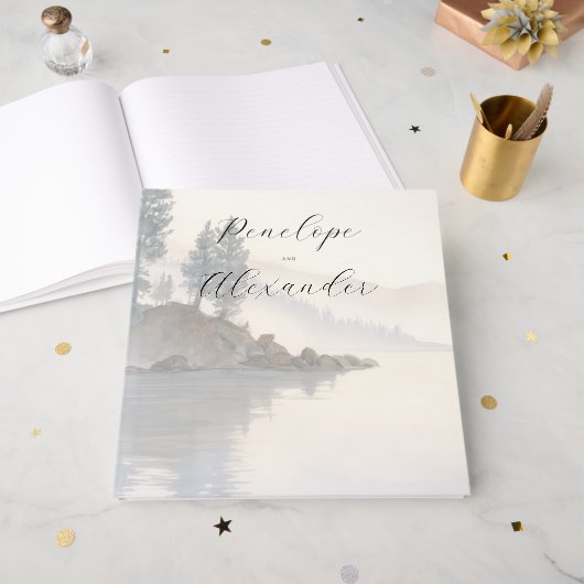 Rustig blauwe aquarellandschap gastenboek (Voorkant open)