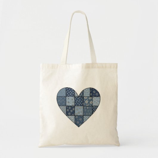 Rustig blauwe denim patchwork hart illustratie tote bag (Voorkant)