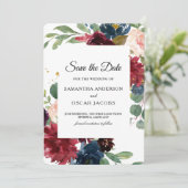 Rustig Bordeaux & Marine Bloemen  Save The Date (Staand voorkant)