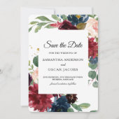 Rustig Bordeaux & Marine Bloemen  Save The Date (Voorkant)