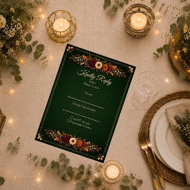 Rustig bosgroen herfsttrouwen RSVP kaartje