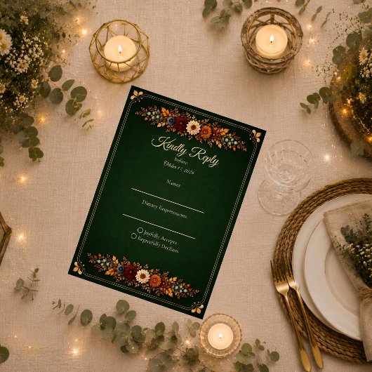 Rustig bosgroen herfsttrouwen RSVP kaartje