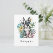 Rustig "Boston" Gezicht Boston Puppy Bril Bloem Briefkaart (Staand voorkant)