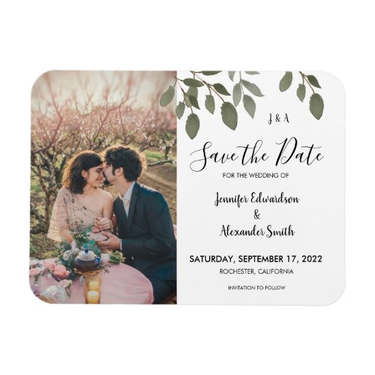 Rustig botanisch monogram foto Save the Date Magneet (Horizontaal)