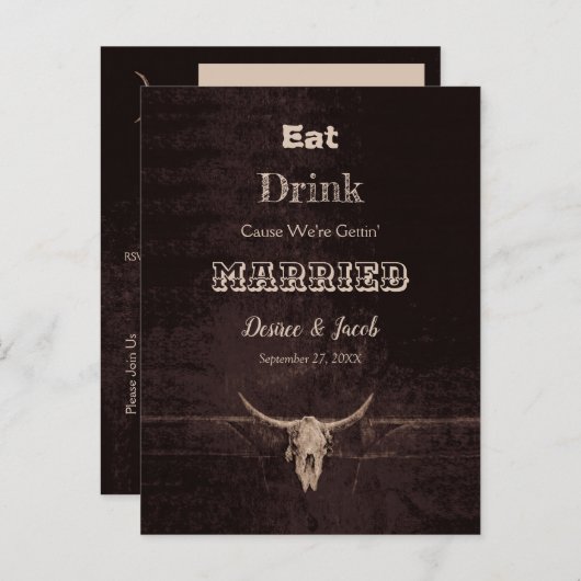 Rustig bruin Eet drink getrouwd stierenschedel Aankondigingskaart (Voorkant / Achterkant)