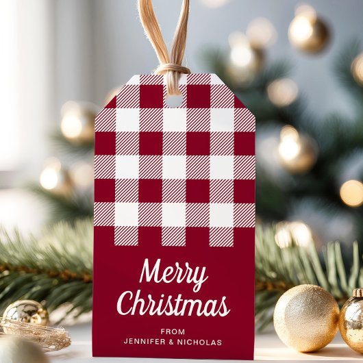 Rustig Burgundy Geruite Prettig Kerstfeest Cadeaulabel