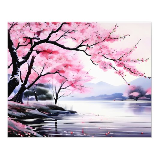 Rustig Cherry Blossom Lake Foto Afdruk (Voorkant)