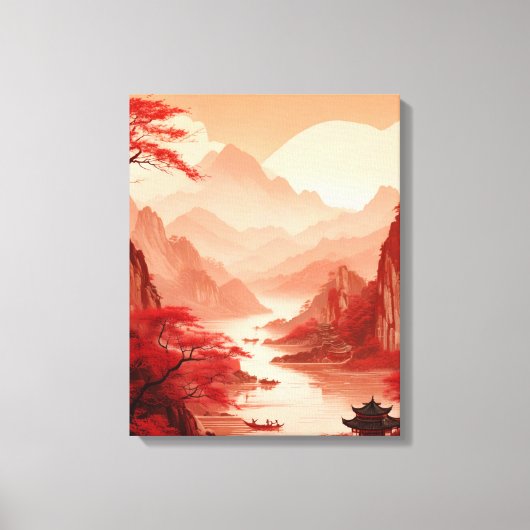 Rustig Chinees landschap met bergen en rivier Canvas Afdruk (Voorkant)