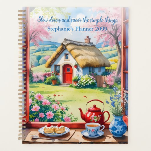 Rustig Cottage Uitzicht met thee en bloemen Planner (Voorkant)