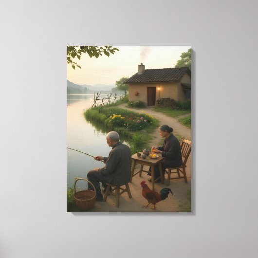 Rustig dorpsochtendmeer muurdecoratie canvas afdruk (Voorkant)
