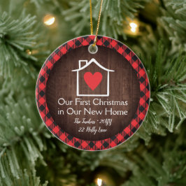 Rustig eerste kerstfeest nieuw huis hart geruit fo keramisch ornament