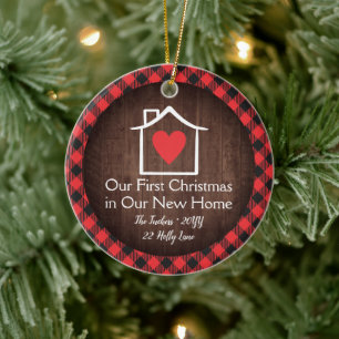 Rustig eerste kerstfeest nieuw huis hart geruit fo keramisch ornament