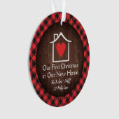 Rustig eerste kerstfeest nieuw huis hart geruit fo ornament (voorkant)
