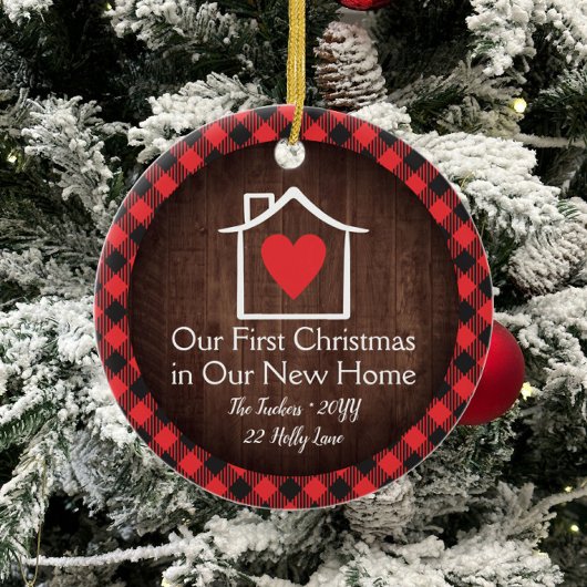 Rustig eerste kerstfeest nieuw huis hart geruit keramisch ornament