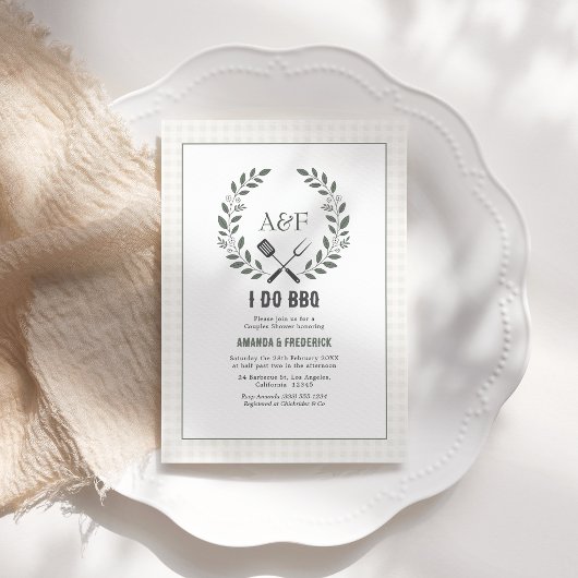 Rustig Elegant Monogram Ik Doe BBQ Koppels Bruilof Kaart