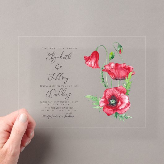 Rustig Elegante Waterverf Script Rode Klaproos Bru Acryl Uitnodigingen (Insitu (Draagbaar))