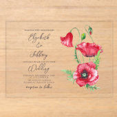 Rustig Elegante Waterverf Script Rode Klaproos Bru Acryl Uitnodigingen (Voorkant)